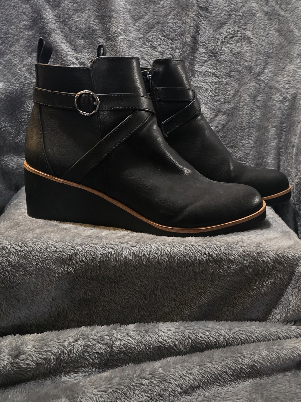Life Stride "Velocity" Black Wedge Ankle Boots with Buckle Strap